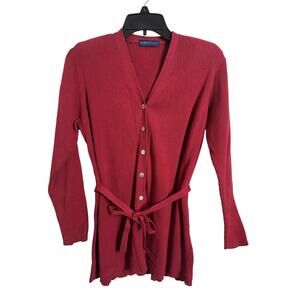 Vtg 90s Karen Scott Petites Red Ribbed Button Front Belter Cardigan Size PM